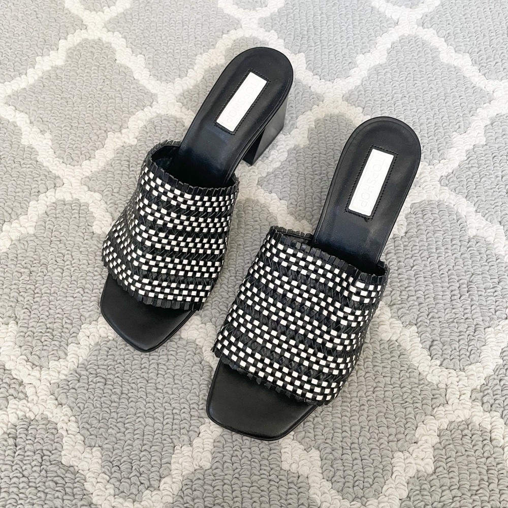 Top shop black and white weave low block heel mule sandals